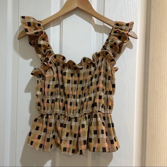 Anthropologie Eva Franco Checked Ruffle Tank Top New NWT Size small tan neutral - Picture 3 of 4